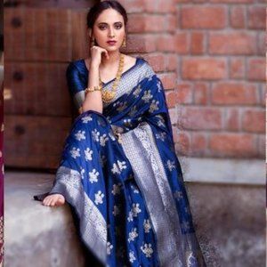 JHEAPS CLASSY BLUE WITH SILVER ZARI SOFT SILK DESIGNER SAREE